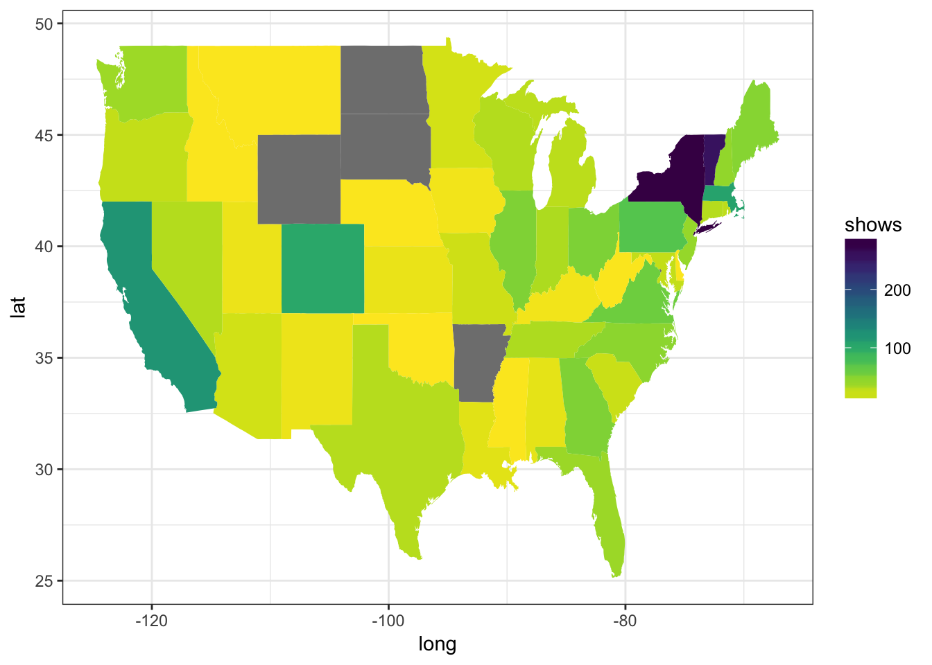 Map of Phish performances by State